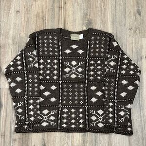 Liz Claiborne Brown and White Patterned Hand Knit Shetland Wool Sweater Size M